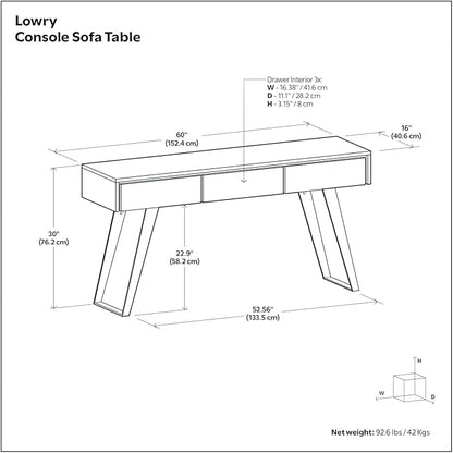 SIMPLIHOME Lowry Console Table - 60 Inch Wide Solid Walnut Veneer and Metal Sofa Table, Modern Industrial Storage Table for Entryway or Living Room with 3 Drawers and Angled Metal Legs