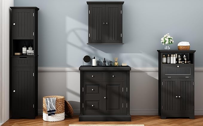 ChooChoo 67" Tall Bathroom Storage Cabinet Freestanding with Adjustable Shelves, Narrow Storage Linen Cabinet with 2 Doors and 1 Drawers for Bathroom, Living Room, Kitchen, Black