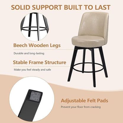 MINCETA Bar Stool, PU Leather Barstool, 26 Inch Upholstered Counter Stool with High Back and Footrest, Swivel Counter Height Barstool for Kitchen Island Home Bar Khaki