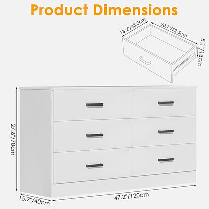 Bigbiglife Wood Dresser for Bedroom, 6 Drawer Double Dresser, Modern Chest of Drawers with Deep Drawers, Large Storage Organizer for Living Room, Closet (White)