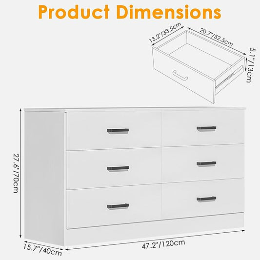 Bigbiglife Wood Dresser for Bedroom, 6 Drawer Double Dresser, Modern Chest of Drawers with Deep Drawers, Large Storage Organizer for Living Room, Closet (White)