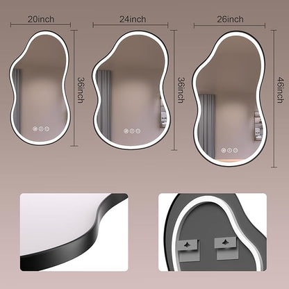 WTTY LED Irregular Bathroom Mirror 20x36 Inch with Front & Back Lights - Asymmetrical Design, Anti-Fog, Dimmable 3 Color Temperatures, Shatterproof Glass, Horizontal or Vertical Mount (Black Frame)
