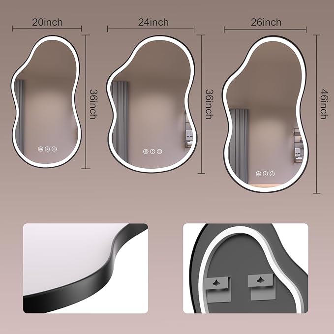 WTTY LED Irregular Bathroom Mirror 26x46 Inch with Front & Back Lights - Asymmetrical Design, Anti-Fog, Dimmable 3 Color Temperatures, Shatterproof Glass, Horizontal or Vertical Mount (Black Frame)