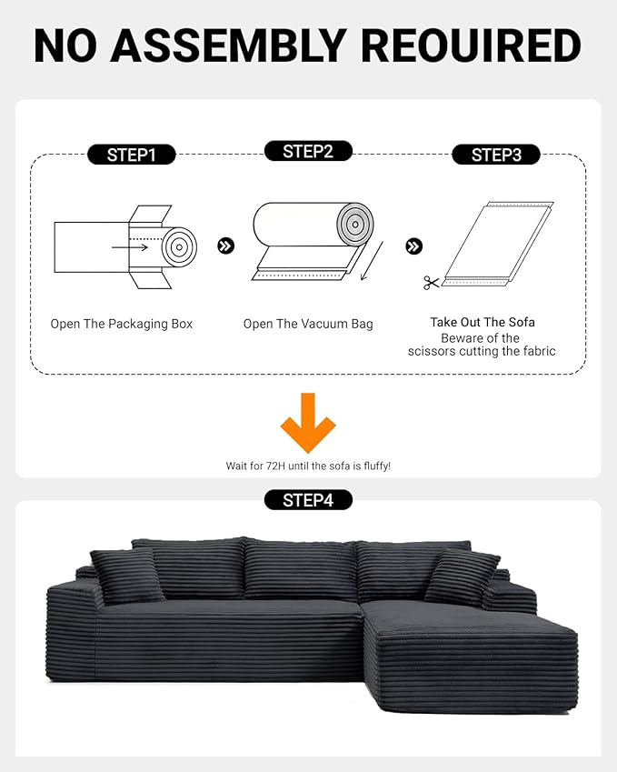 95 Inch Cloud Sectional Couch,Modular Sectional Sofa with Deep Seat,Modern Corduroy Boneless Couches with L-Shape Chaise for Living Room Bedroom,No Assembly Required (Black, Right Facing Chaise)