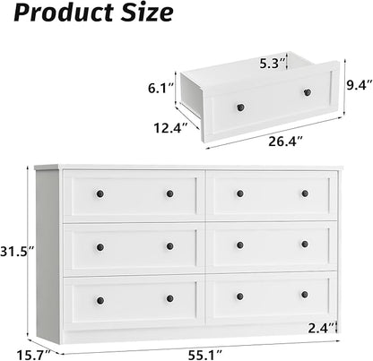 CHUWELL White Dresser for Bedroom, 55.1" Wide Dressers & Chests of Drawers with Large Capacity Storage, 6 Drawer Dresser for Bedroom