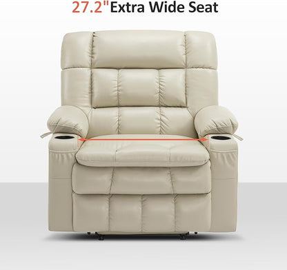 MCombo Dual Motor Power Lift Recliner Chair for Elderly, Lay Flat Lift Chair with Heat and Massage, Extra Wide Lift Recliner for Big People, Cup Holders, Faux Leather R7897 (Cream White, Medium-Wide)