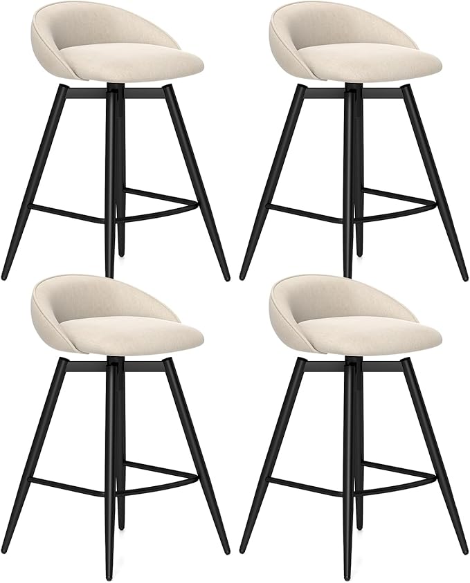 COSTWAY Bar Stools Set of 4, 25" Upholstered Counter Height 360° Swivel Bar Stools w/Backrest & Footrest, Heavy-Duty Metal Frame Armless Breakfast Chairs for Kitchen, Living Room (Set of 4,Beige)
