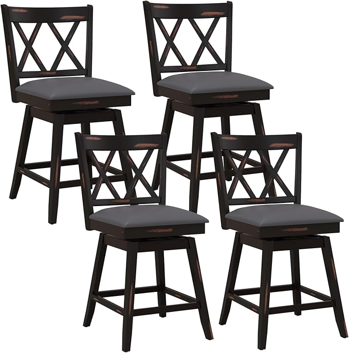COSTWAY Bar Stool Set of 4 for Kitchen Island, 25" Counter Height Chair with Ergonomic Backrest, Foot Rest, Waterproof PVC Surface & Solid Wood Structure, 360°Swivel Farmhouse Barstool with Back