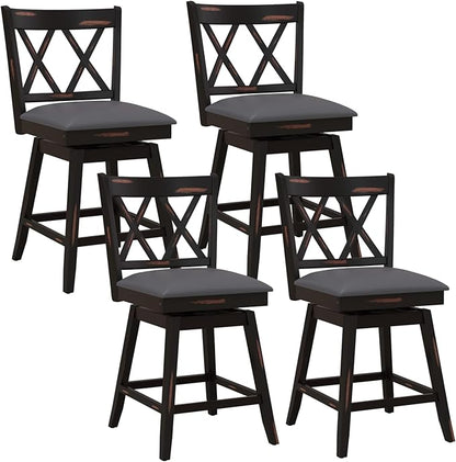 COSTWAY Bar Stool Set of 4 for Kitchen Island, 25" Counter Height Chair with Ergonomic Backrest, Foot Rest, Waterproof PVC Surface & Solid Wood Structure, 360°Swivel Farmhouse Barstool with Back