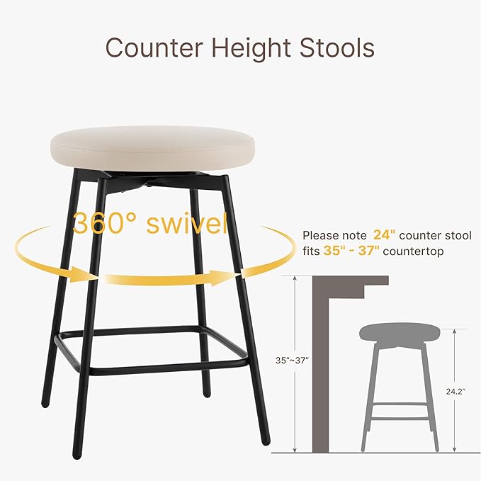 Swivel Bar Stools Set of 4, 24" Counter Height Bar Stool, Backless Barstools with Faux Leather Upholstered Seat&Sturdy Wood Legs for Kitchen Island, Beige