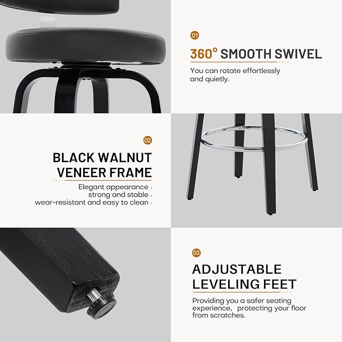 Swivel Counter Height Bar Stools Set of 2, 26" Upholstered Faux Leather Barstools with Back, Mid Century Modern Counter Stools with Black Walnut Wood Legs for Kitchen Island, Black