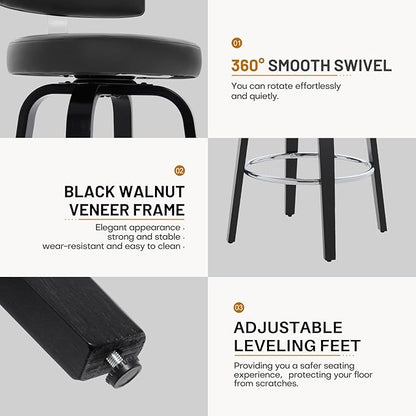 Swivel Counter Height Bar Stools Set of 2, 26" Upholstered Faux Leather Barstools with Back, Mid Century Modern Counter Stools with Black Walnut Wood Legs for Kitchen Island, Black