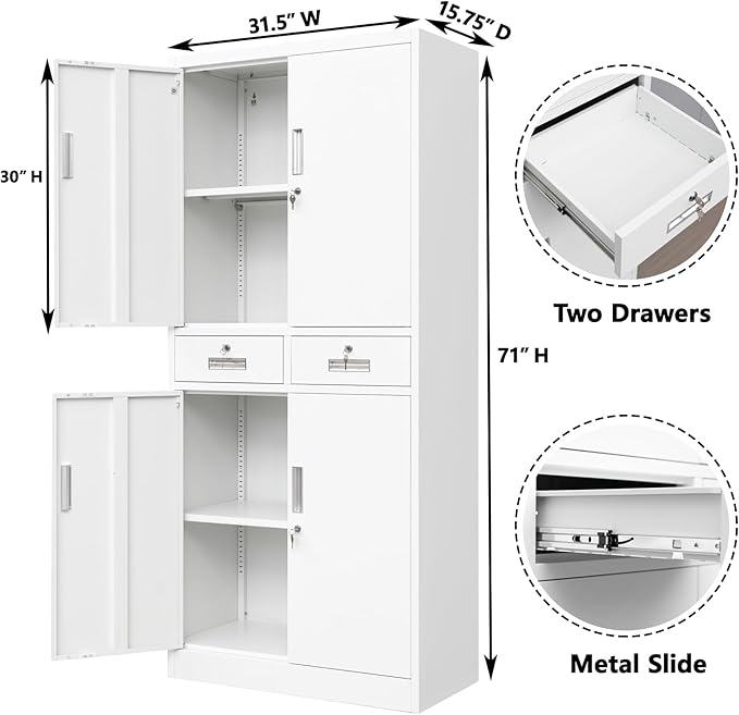 BESFUR Metal Storage Cabinet, Locking Storage Cabinet with Drawers and Adjustable Shelves for Garage, Office, Classroom - White