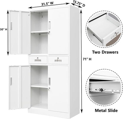 BESFUR Metal Storage Cabinet, Locking Storage Cabinet with Drawers and Adjustable Shelves for Garage, Office, Classroom - White