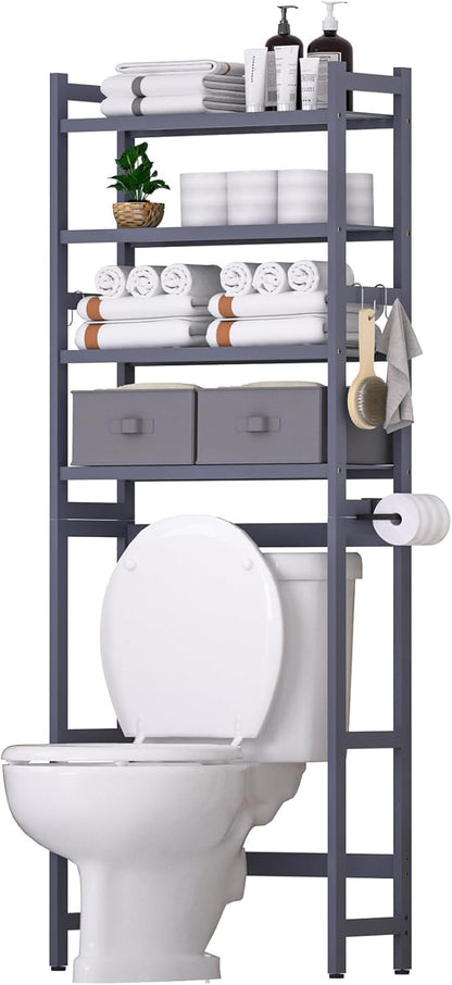 Over The Toilet Storage with 2 Baskets, 4-Tier Bamboo Organizer Rack with Paper Holder & 4 Hooks & Waterproof Feet Pad,Freestanding Shelf for Bathroom(Grey)