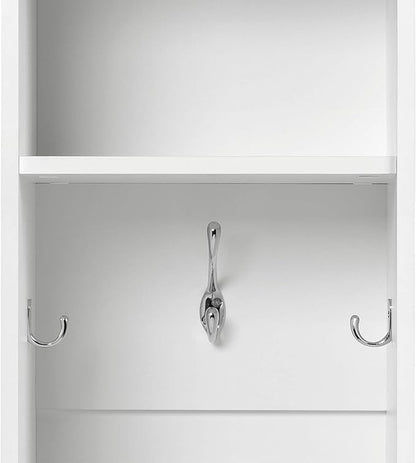 Prepac Narrow Coat Rack Freestanding Hall Tree with 3 Hooks, Entryway Furniture for Coat and Shoe Storage, Entryway Organization with an Adjustable Shelf, 14.75"W x 72.5"H x 15.5"D, White