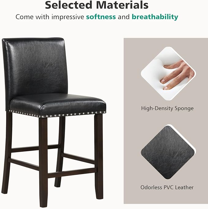 COSTWAY Bar Stools Set of 4, 25.5” PVC Leather Armless Counter Height Chair with Back, Kitchen Island Breakfast Chair for Dining Room, Party Room & Restaurant (4, Black)