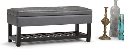 SIMPLIHOME Cosmopolitan 44 inch Wide Transitional Rectangle Storage Ottoman Bench with Open Bottom in Stone Grey Vegan Faux Leather, Assembled for the Living Room and Bedroom
