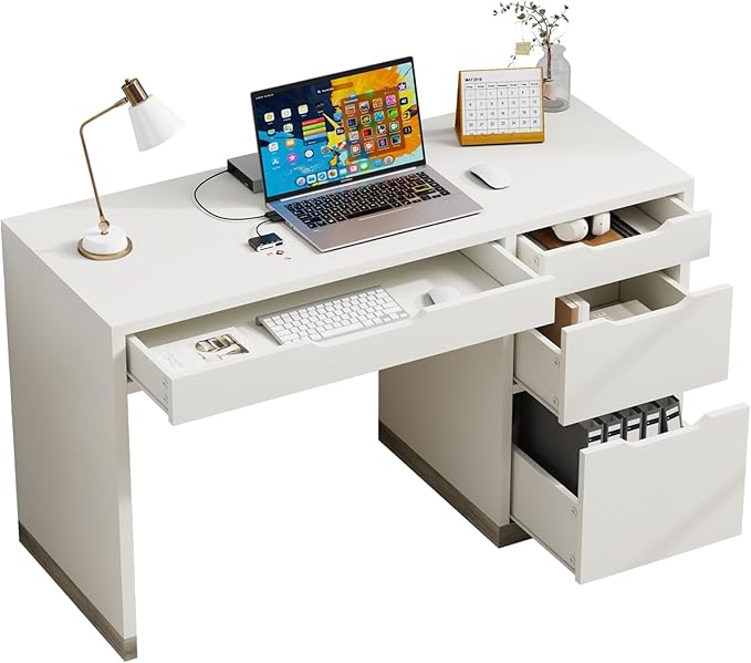 52 Inch White Desk with 4 Drawers, Computer Desk with Storage for Small Spaces with Storage File Cabinet, Small Home Office Desk with Drawers for Bedroom