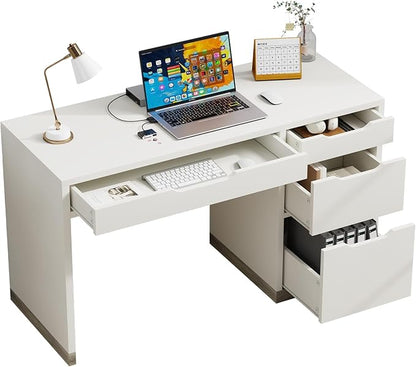 52 Inch White Desk with 4 Drawers, Computer Desk with Storage for Small Spaces with Storage File Cabinet, Small Home Office Desk with Drawers for Bedroom