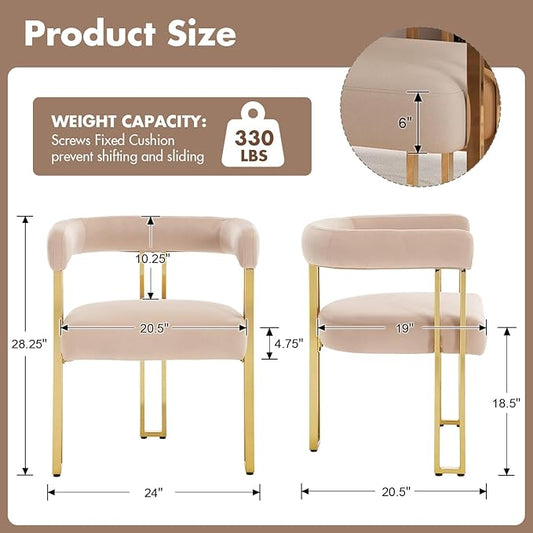 Velvet Dining Chairs Set of 6, Khaki Upholstered Barrel Armchairs with Gold Metal Legs for Kitchen Island, Mid Century Modern Accent Side Chairs for Dining Room and Living Room, Open-Back
