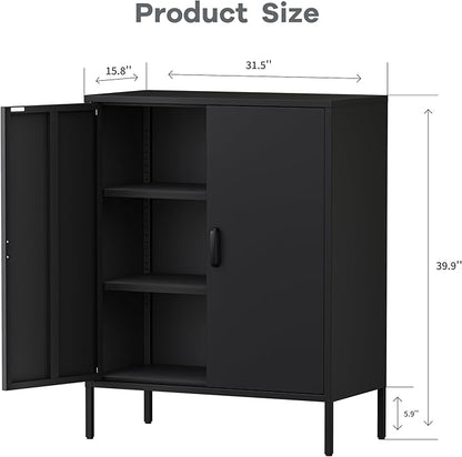 Bathroom Floor Storage Cabinet,40H Small Metal Cabinets for Storage with Doors,2 Door Black Towel Freestanding Cabinet for Small Spaces,Two Door Hallway Short Cabinets,Shallow Low Cupboard