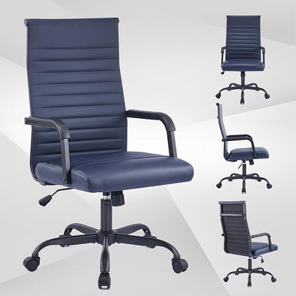 Office Chair, Ergonomic Executive Conference Room Chairs, Ribbed Leather Desk Chair with Lumbar Support, Adjustable Height Mid-Back Swivel Chair with Padded Seat and Square Tube Armrests