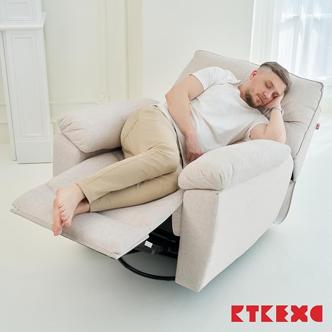 Reclining Sofa Rocking Recliner Chair Manual Adjustable 360 Swivel with Ergonomics Overstuffed Lumbar Arm Support Natural Fabric Surface Made for Living Room, Bedroom, Nursery, Milk White