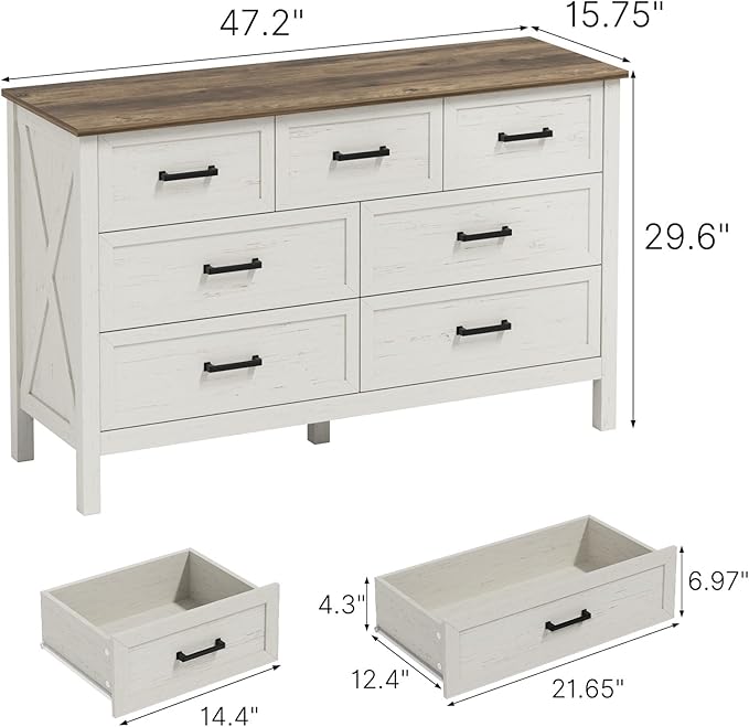 LYNSOM Farmhouse 7 Drawers Dresser for Bedroom, Wood Rustic Wide Chest of Drawers with Deep Drawers, Metal Handle, Storage Dressers Organizer for Entryway, Hallway, Antique White