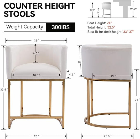 Contemporary Cream Velvet Bar Stools Set of 2, 24" Upholstered Fabric Counter Height Barstools Kitchen Counter Island Stools with Screwed Together Golden Metal Base