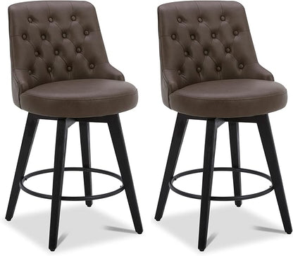 Watson & Whitely Modern Swivel Bar Stools, Faux Leather Upholstered Counter Height Bar Stools with Back, Solid Wood Legs, 26" H Seat, Set of 2, Chocolate