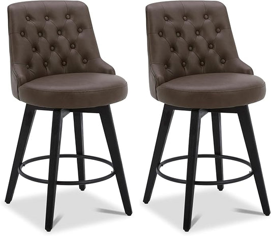 Watson & Whitely Modern Swivel Bar Stools, Faux Leather Upholstered Counter Height Bar Stools with Back, Solid Wood Legs, 26" H Seat, Set of 2, Chocolate