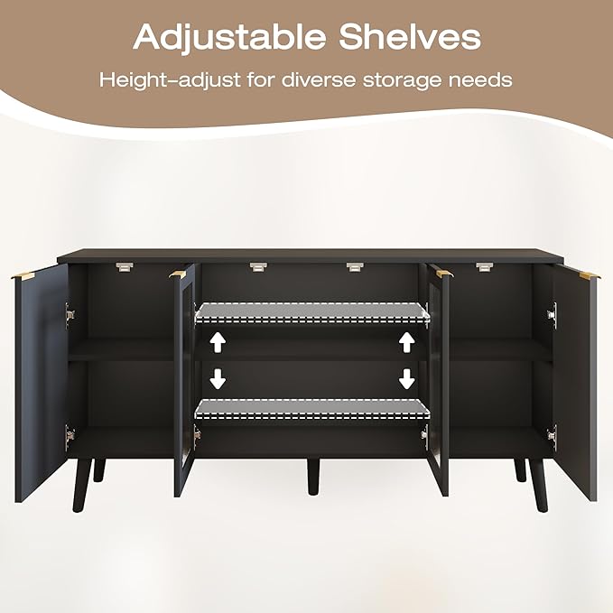 JASIWAY Modern Buffet Cabinet with Storage 55" Fluted Sideboard with 4 Doors Acrylic and Adjustable Shelves Wooden Coffee Bar Cabinet Storage Credenza for Living Room, Dining Room, Kitchen, Black