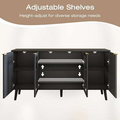JASIWAY Modern Buffet Cabinet with Storage 55" Fluted Sideboard with 4 Doors Acrylic and Adjustable Shelves Wooden Coffee Bar Cabinet Storage Credenza for Living Room, Dining Room, Kitchen, Black