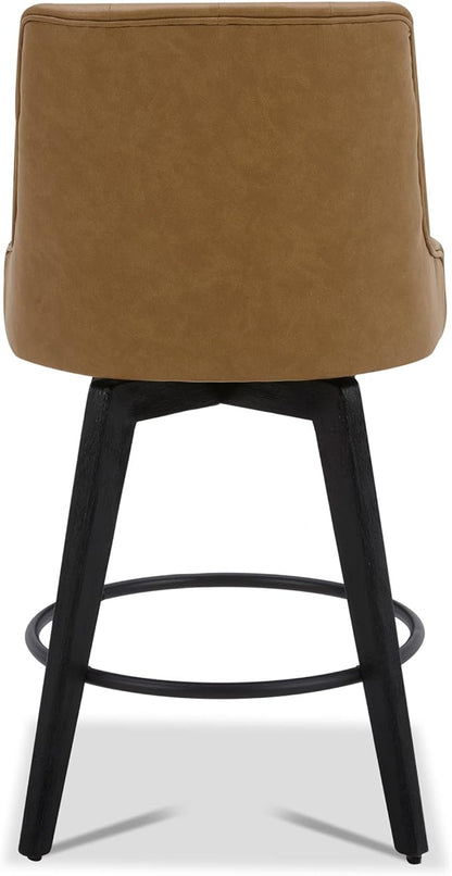 Watson & Whitely Modern Swivel Bar Stools, Faux Leather Upholstered Counter Height Bar Stools with Back, Solid Wood Legs, 26" H Seat, Set of 2, Cognac