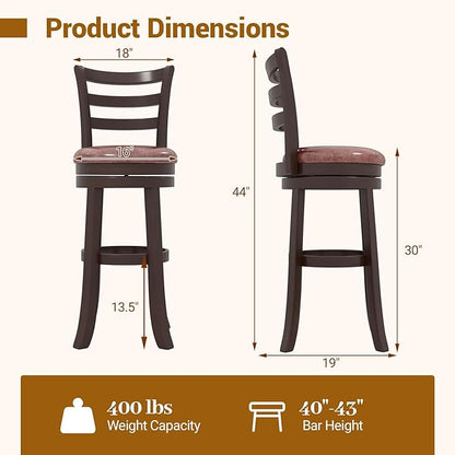 COSTWAY 30” Bar Height Stools Set of 2, Swivel l High-Top Chairs with Backrest & Faux Leather Padded Seat, Rubber Wood Barstools with Footrest for Kitchen, Dining Room, Pub (2,30'')