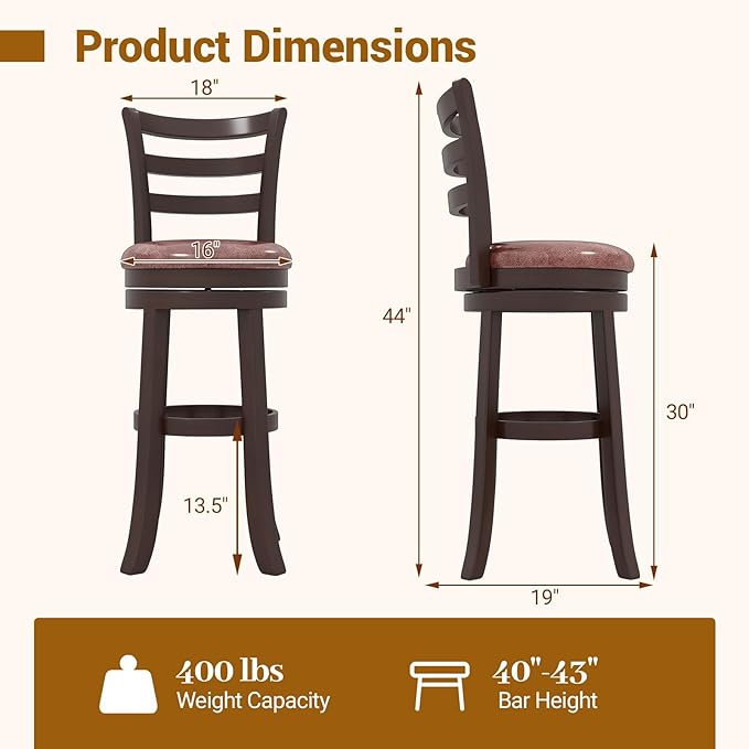 COSTWAY 30” Bar Height Stools Set of 4, Swivel l High-Top Chairs with Backrest & Faux Leather Padded Seat, Rubber Wood Barstools with Footrest for Kitchen, Dining Room, Pub (4,30'')