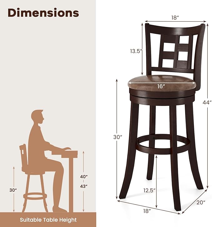 COSTWAY Set of 2 Bar Stools, 30” Swivel Bar Chairs with Footrest, Rubber Wood Frame & Lattice Backrest, Leathaire Bar Height Stools for Kitchen Island (2, 30”)