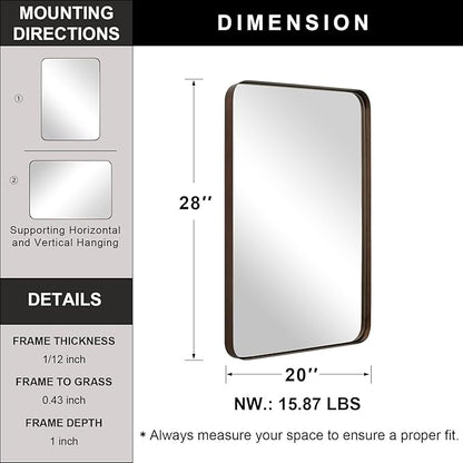 ANDY STAR Wall Mirror for Bathroom, 20”x28”Brushed Bronze Bathroom Mirror, Rounded Rectangle Mirror in Premium Stainless Steel Metal Frame Hangs Horizontal Or Vertical