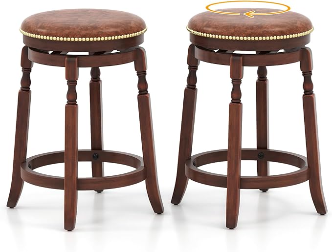 COSTWAY Round Swivel Wooden Bar Stools Set of 2, 24-inch Upholstered Backless PU Leather Farmhouse Counter Chairs with Footrest, Decorative Rivets for Kitchen Island, Dining Room, Walnut