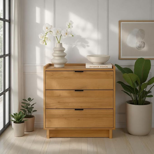 Prepac Simply Modern Nightstand Bedside Table, Natural Oak Nightstand for Bedroom, End Table with 3 Drawers 26.5" W x 26.75" H x 16" D