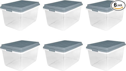 Hefty 72 Quart Hi-Rise Storage Bin with Lid, Stackable Plastic Container Tote for Home, Office, and Classroom Organization, 6 Pack, Smoke Blue