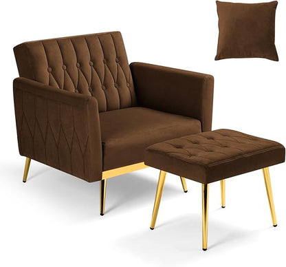 Velvet Accent Chair with Adjustable Armrests and Backrest, Button Tufted Lounge Chair, Single Recliner Armchair with Ottoman and Pillow for Living Room, Bedroom, Brown