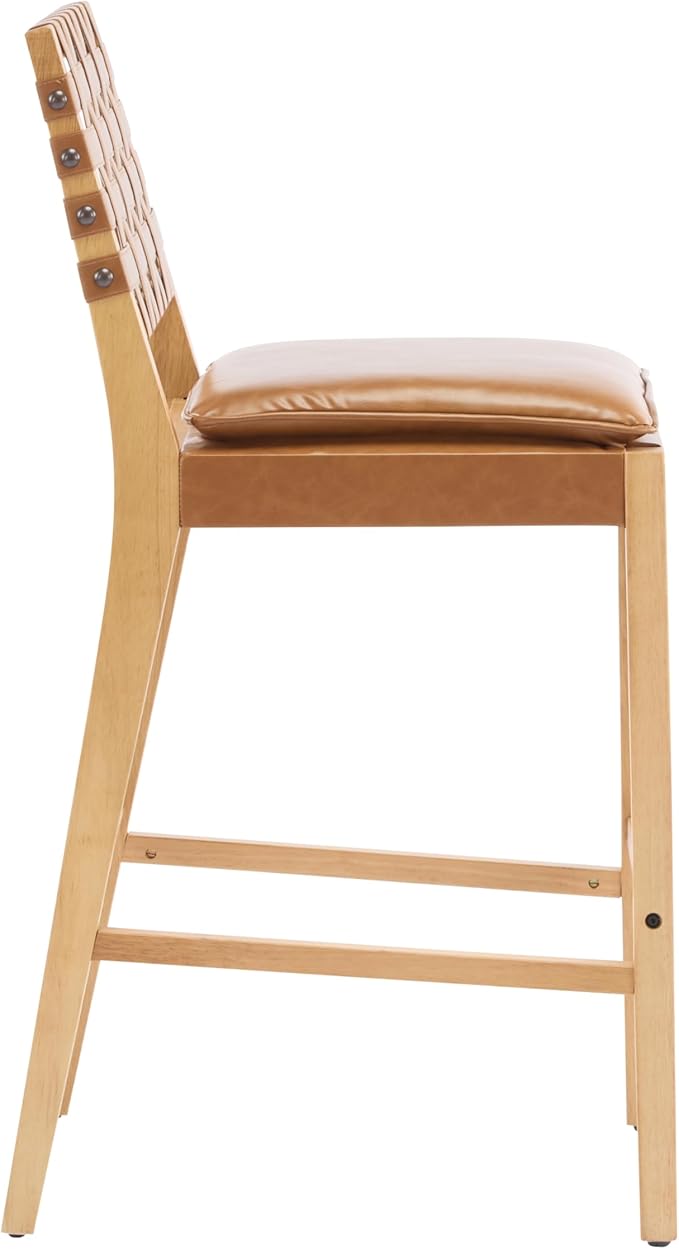 Christopher Knight Home Caitlyn lndoor Barstool Set of 2, Counter Height Stool with Footrest/Backrest for Bar Table, Natural Rubberwood Frame with Faux Leather Upholstery Counter Stool, Brown+Natural
