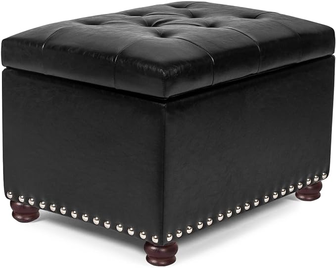 24'' Leather Storage Ottoman Rectangular Foot Rest Stool with Nailhead Trim Chests & Storage Room Organizer for Bedroom Living Room(Black)