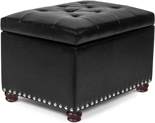 24'' Leather Storage Ottoman Rectangular Foot Rest Stool with Nailhead Trim Chests & Storage Room Organizer for Bedroom Living Room(Black)