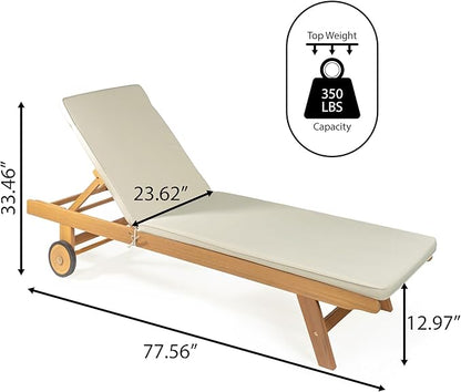 JONATHAN Y LNG1000E Mallorca 77.56"x23.62" Modern Classic Adjustable Acacia Wood Chaise Outdoor Lounge Chair with Cushion & Wheels Coastal, Bohemian, Minimalist, Traditional, Light Gray/Natural