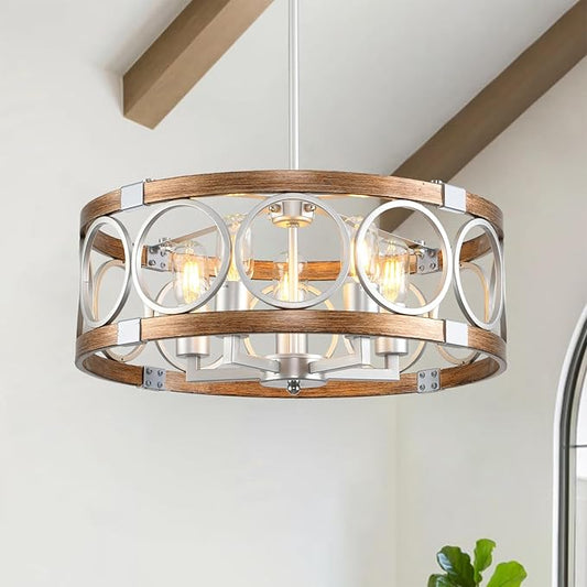 Flush Mount Ceiling Light Fixture Ceiling Mount,5 Light 19.7" Silver Drum Chandelier Rustic Farmhouse Chandelier Modern Pendant Light Fixtures for Kitchen Lighting Fixture