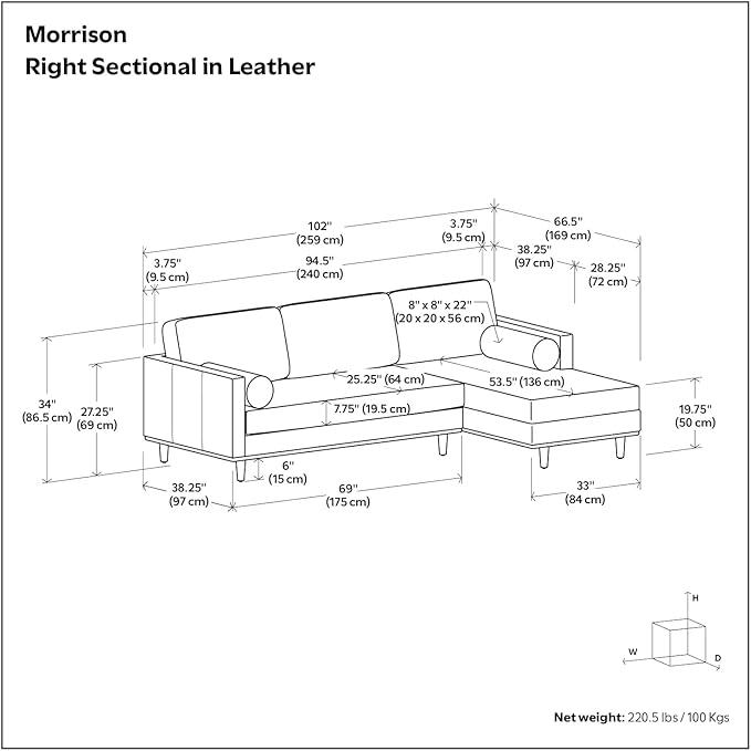 SIMPLIHOME Morrison Right Sectional Sofa in Full-Grain Genuine Leather, Caramel Brown, 102-inches Wide, L-Shaped Leather Couch with Right Chaise for the Living Room and Family Room