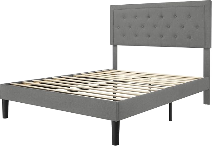 Allewie Full Size Upholstered Platform Bed Frame with Adjustable Headboard, Button Tufted, Wood Slat Support, Easy Assembly, Light Grey